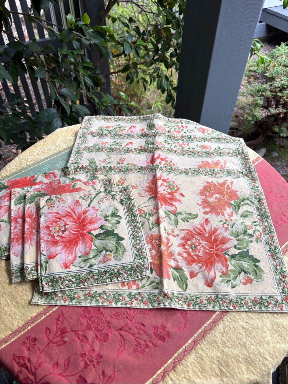 April Cornell Orange & Green Floral Set of 4 Placemats & Napkins
